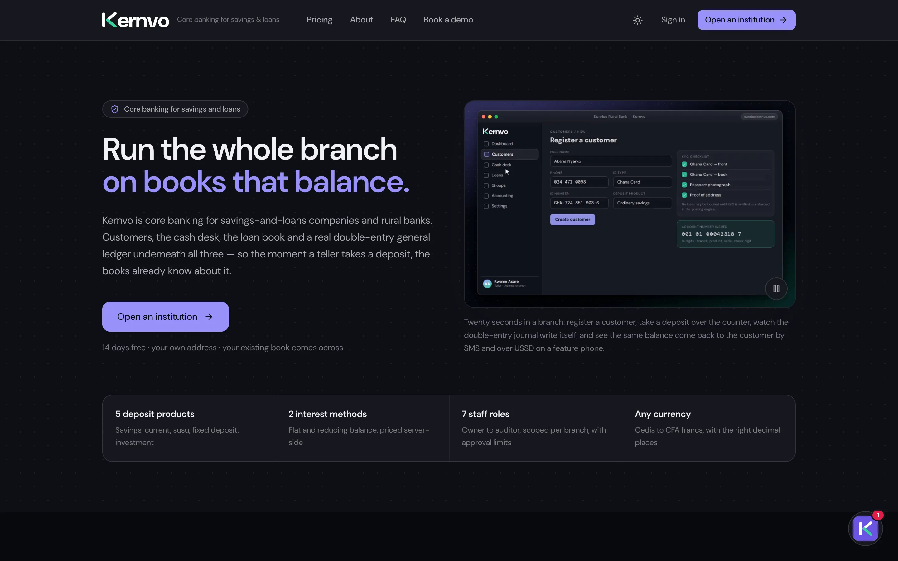 The Kernvo product site — the headline “Run the whole branch on books that balance” above a row of product facts