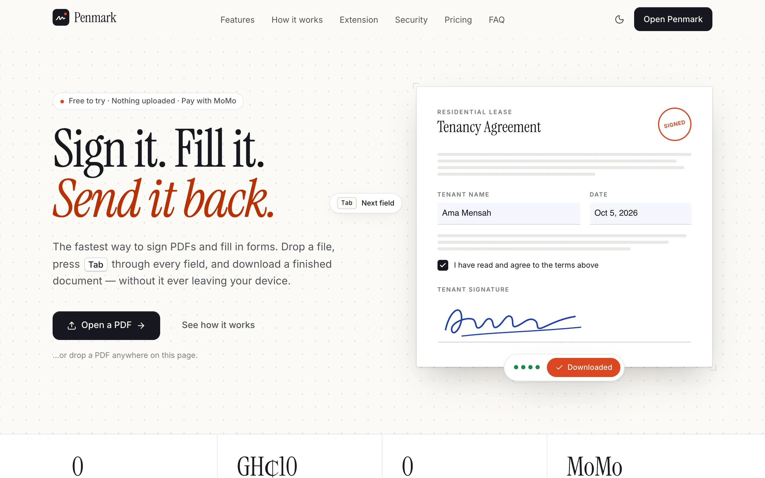 The Penmark product site — the headline “Sign it. Fill it. Send it back.” above a live form being filled