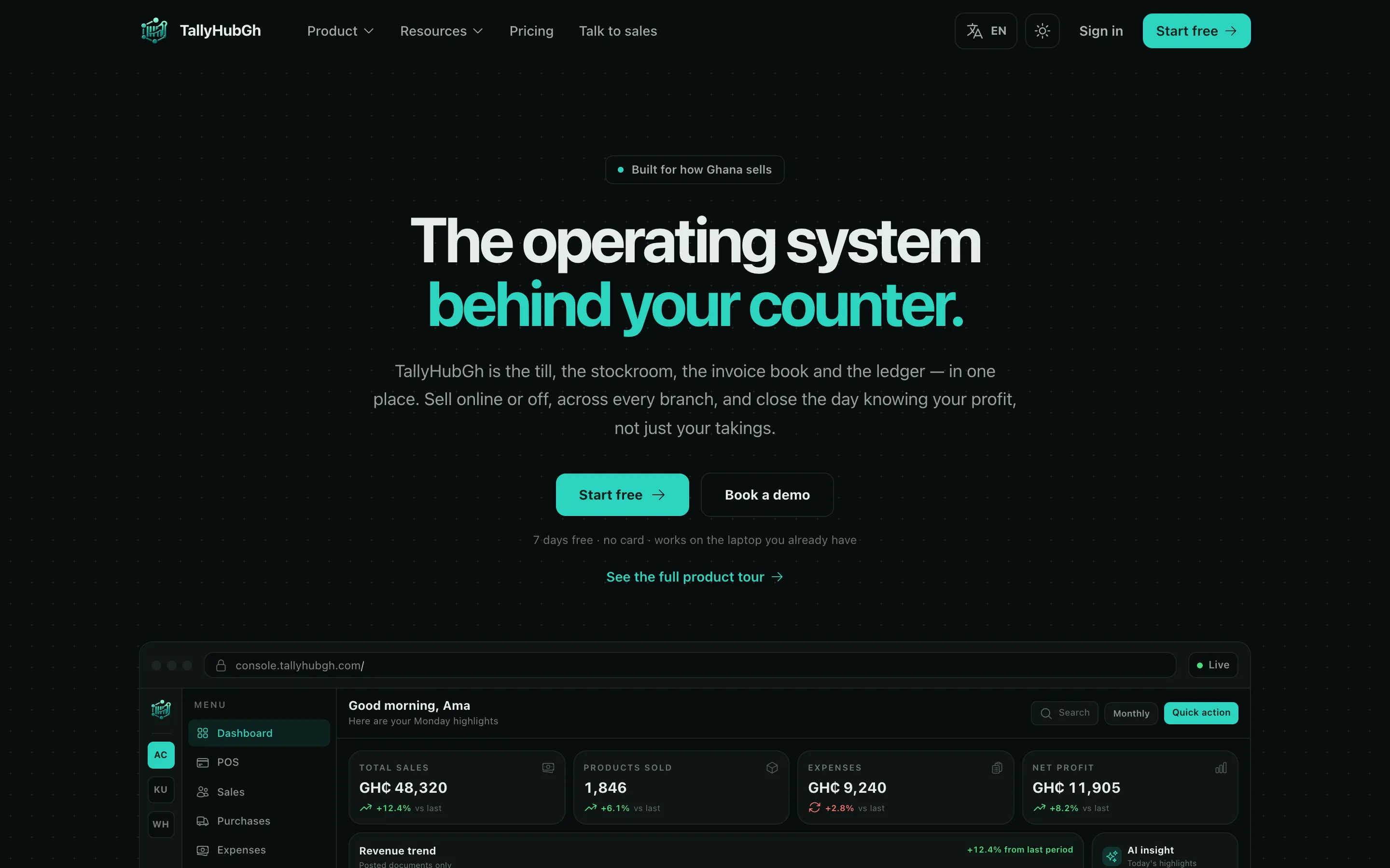 The TallyhubGH product site — the headline “The operating system behind your counter” above a live dashboard showing sales, stock and profit