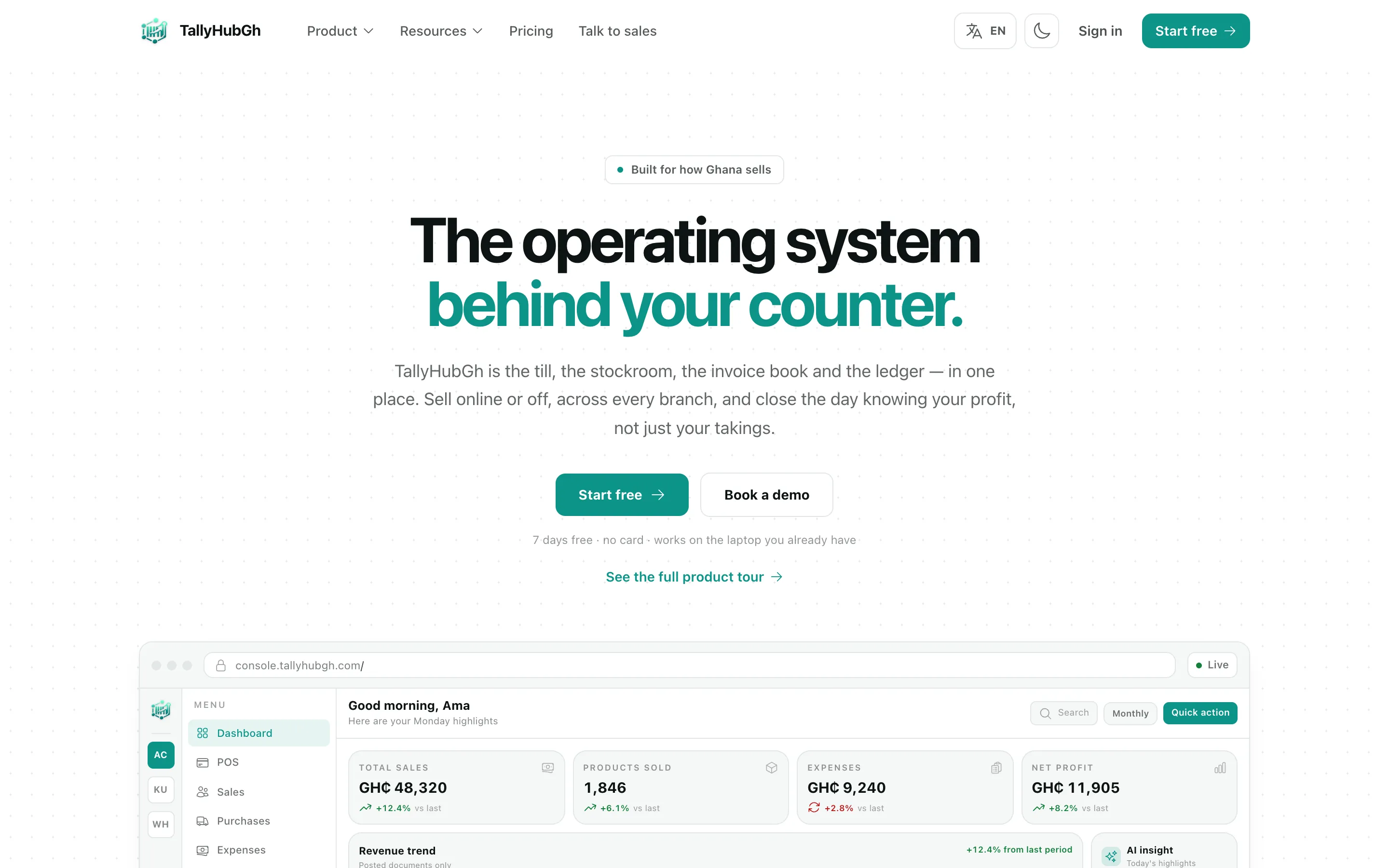 The TallyhubGH product site — the headline “The operating system behind your counter” above a live dashboard showing sales, stock and profit