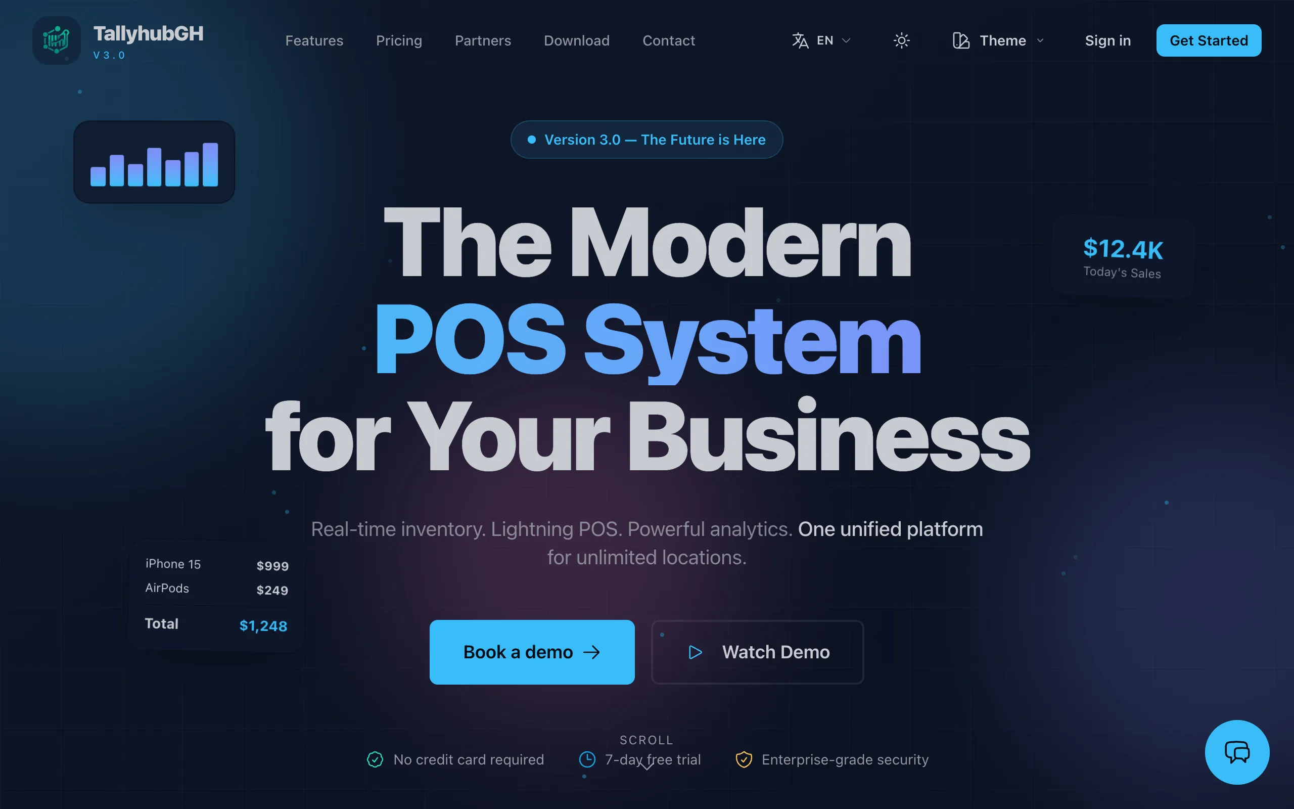 The TallyhubGH product site — the headline “The Modern POS System for Your Business” over a dark hero with a live sales tile